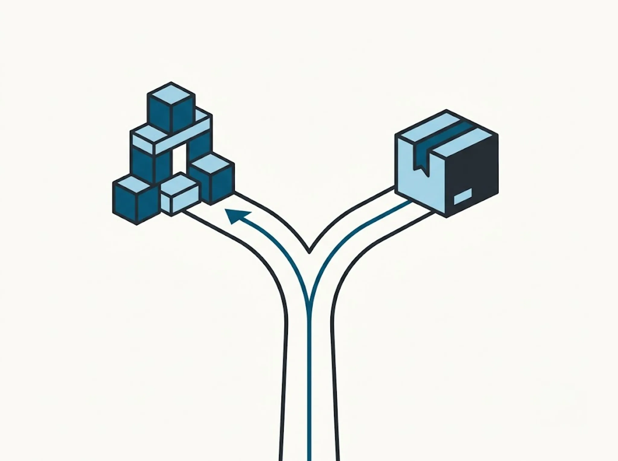 A single path forking into two deliberate routes: build with modular blocks, or buy a packaged product