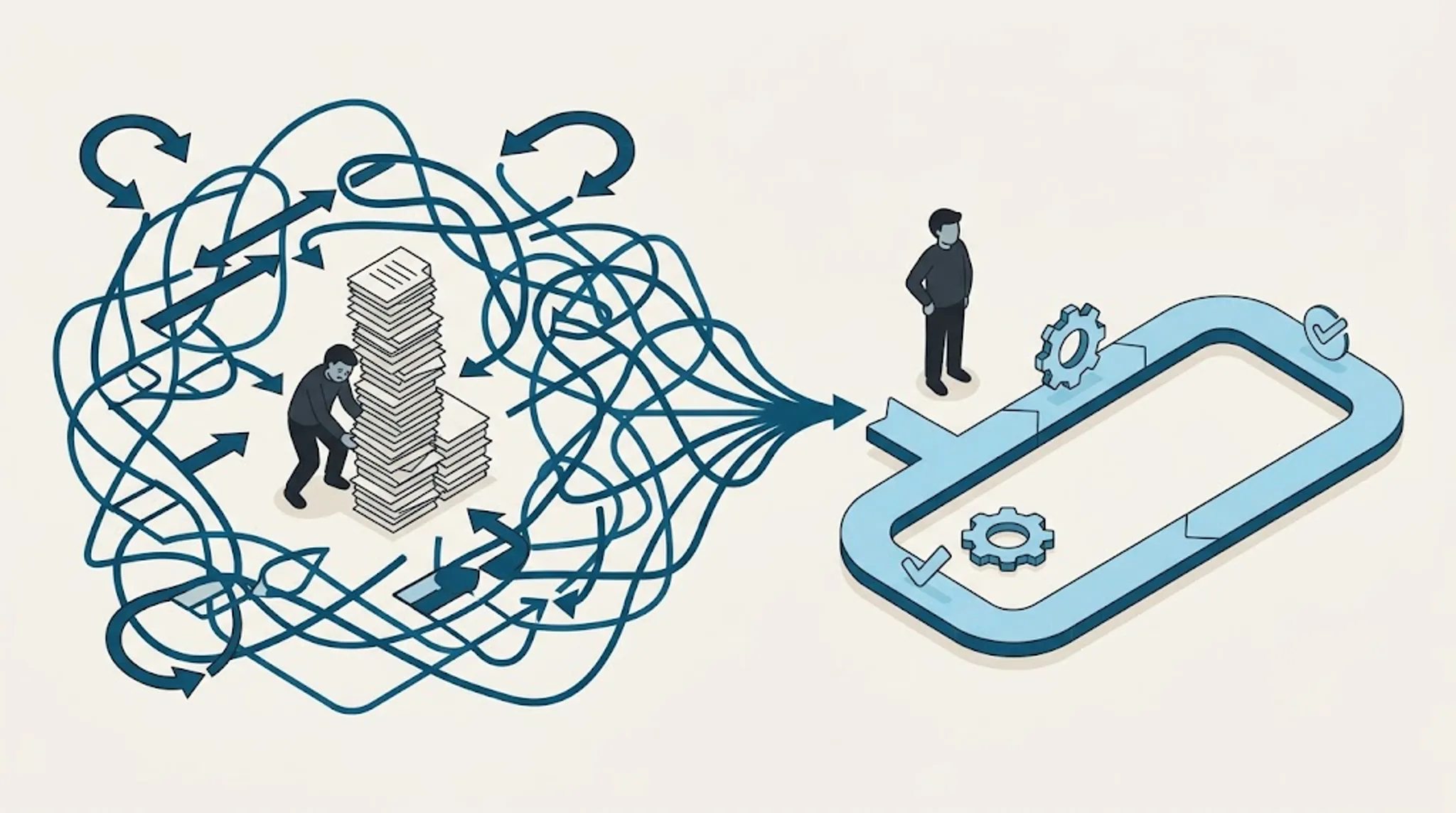 A tangle of manual, repetitive steps collapsing into a single clean automated loop