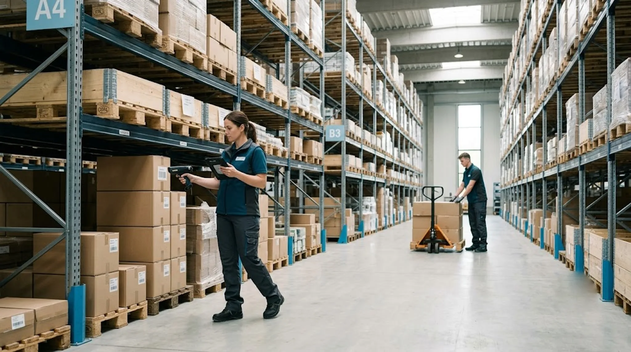 A clean, well-run wholesale distribution warehouse with organized racking and workers in motion
