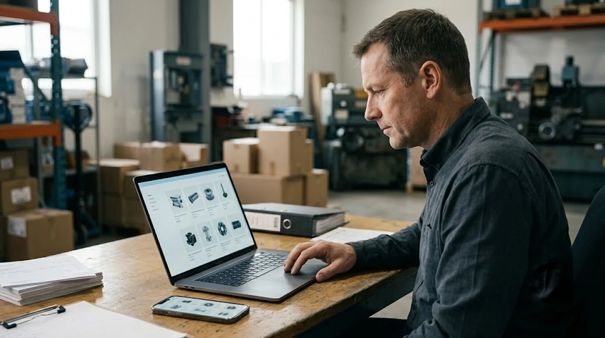 A B2B ecommerce storefront in use on a laptop and phone in a trade-counter setting