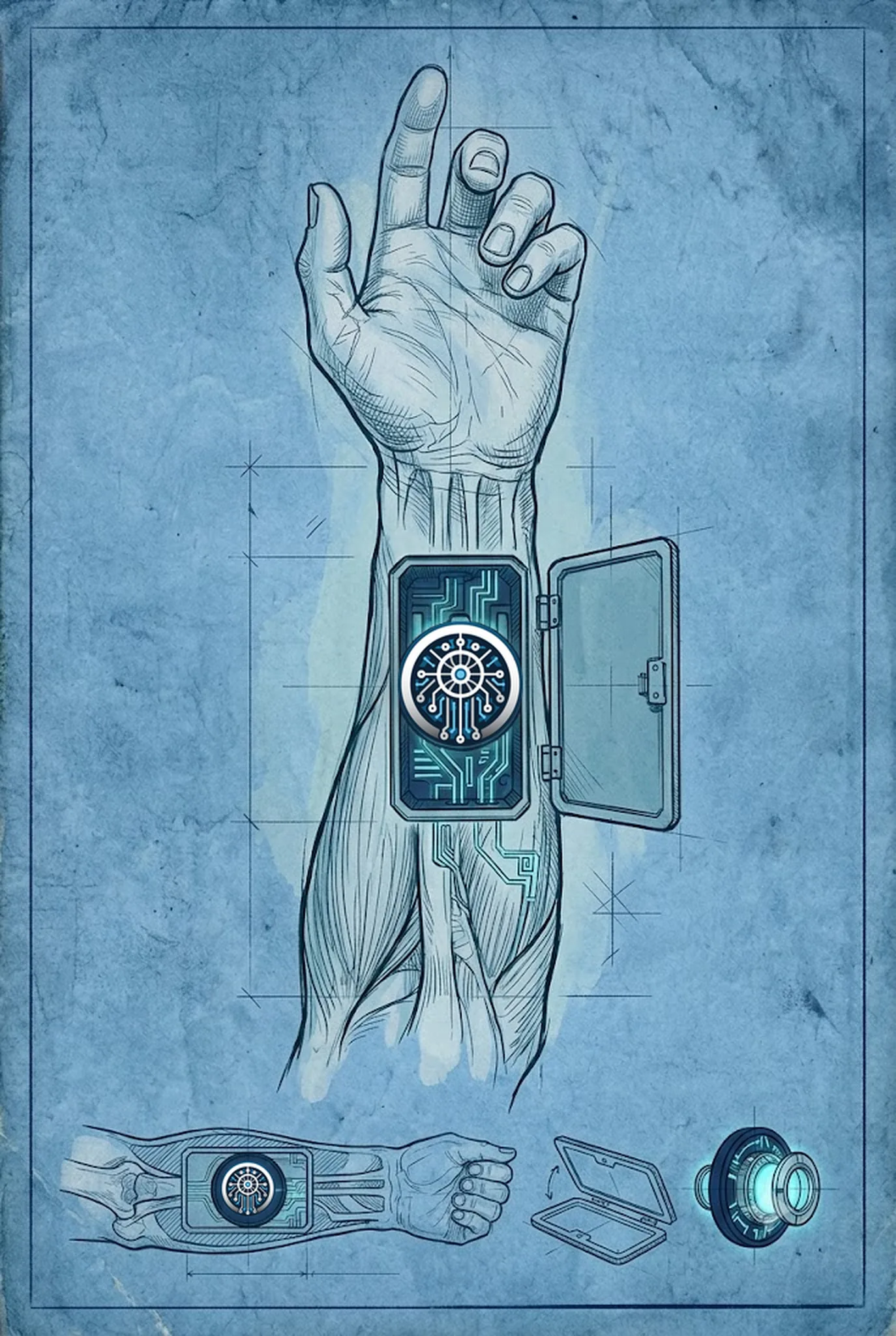 A da Vinci style mechanical blueprint of a strong, well-proportioned human forearm in brand teal and navy, a hinged hatch opened to reveal the DreamSight logo as a glowing module recessed inside a cavity in the arm, powering it: human expertise augmented by AI