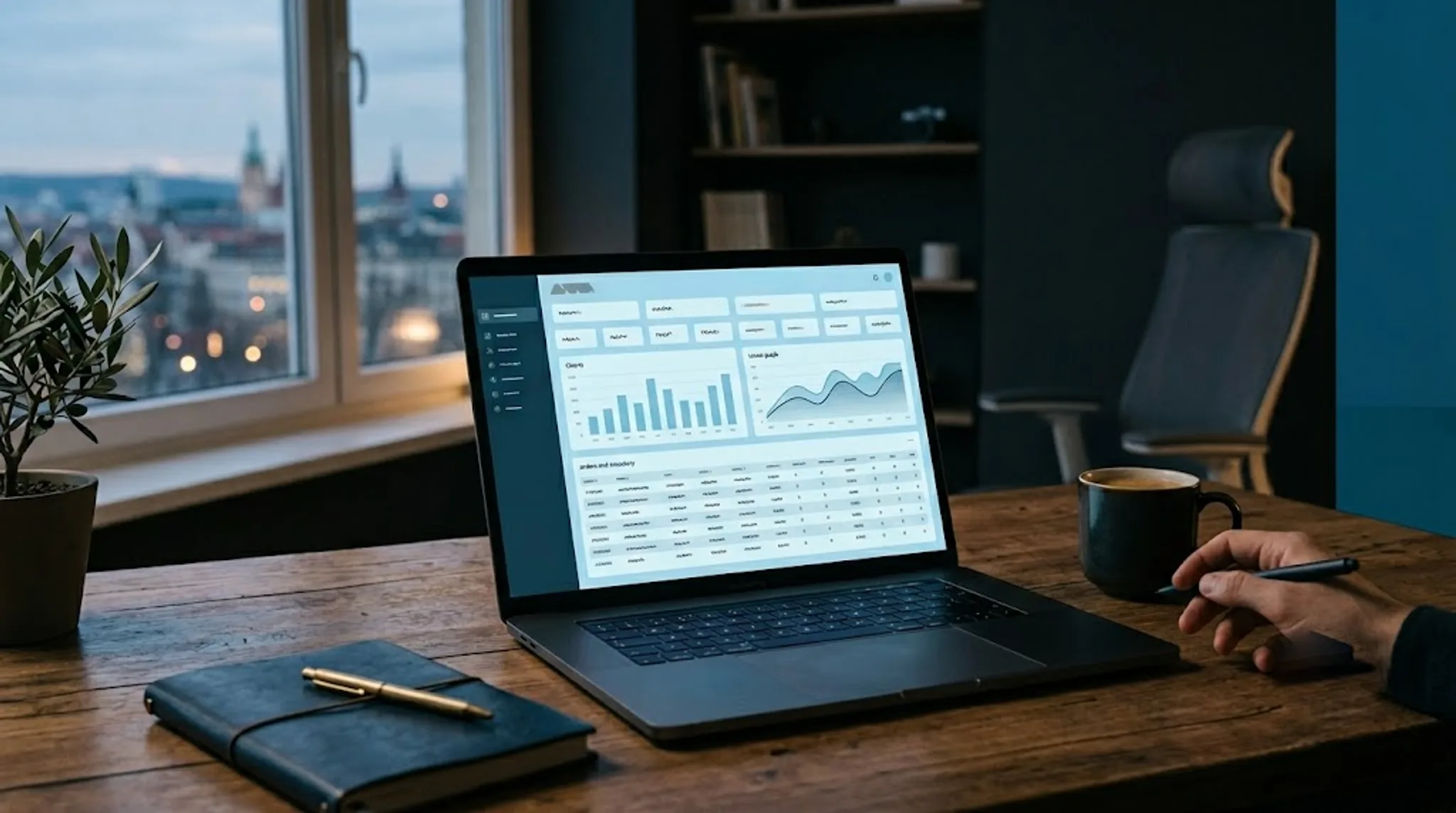 An abstract ERP dashboard with orders, inventory and charts glowing on a laptop screen