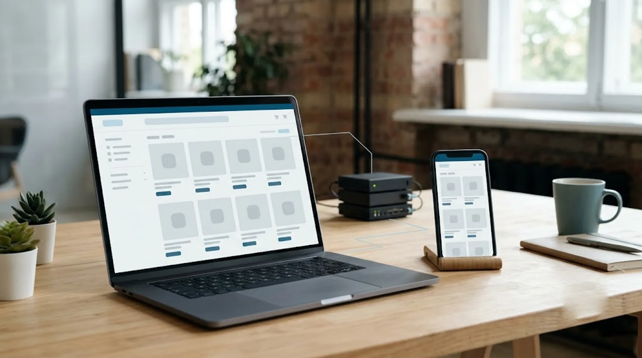 A clean B2B storefront on laptop and phone, linked back to a backend systems node